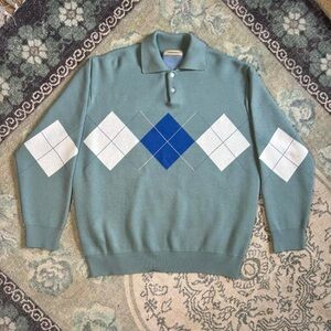 Vintage Argyle Pullover Sweater - Green, Blue and White
